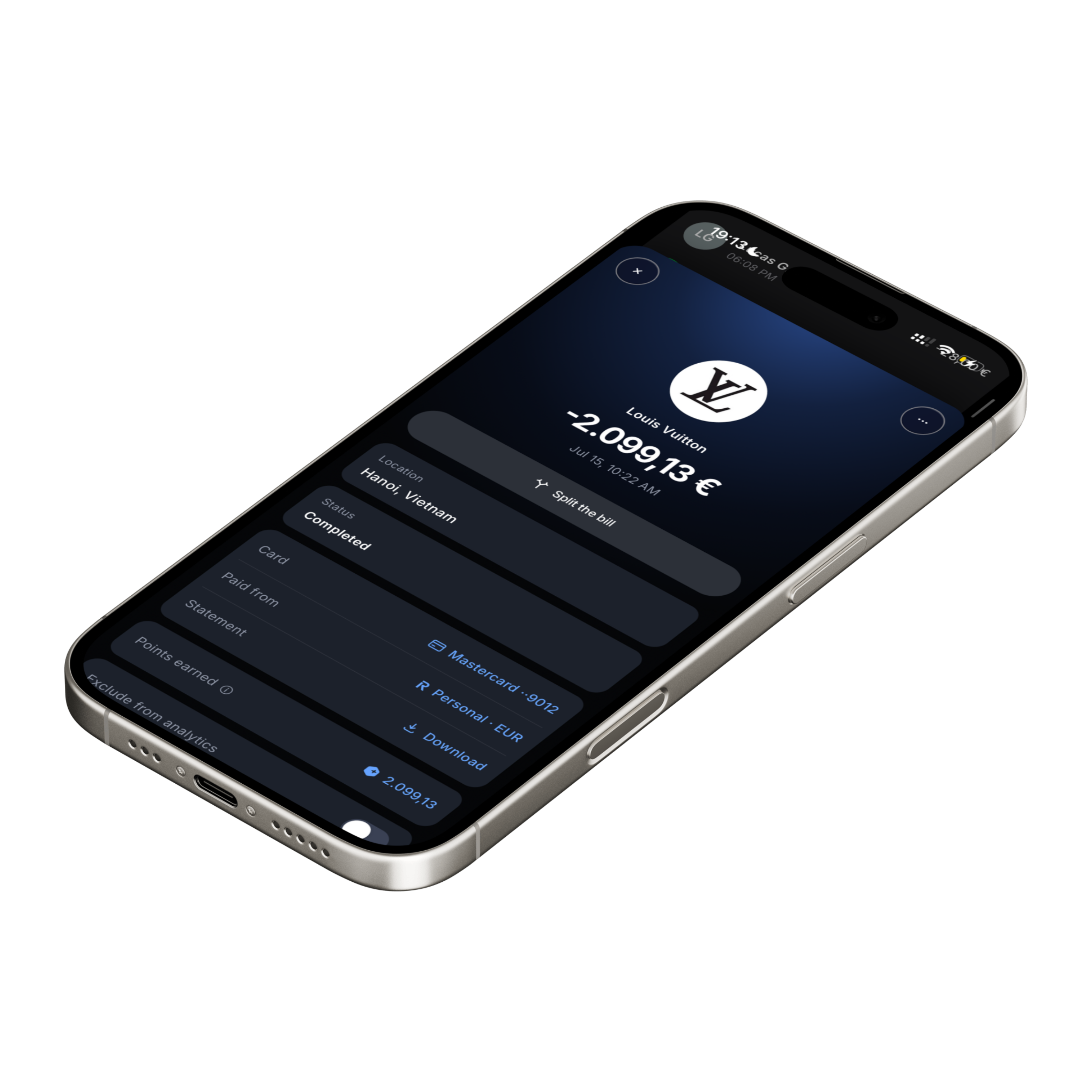 LARPZ phone mockup with a Louis Vuitton transaction