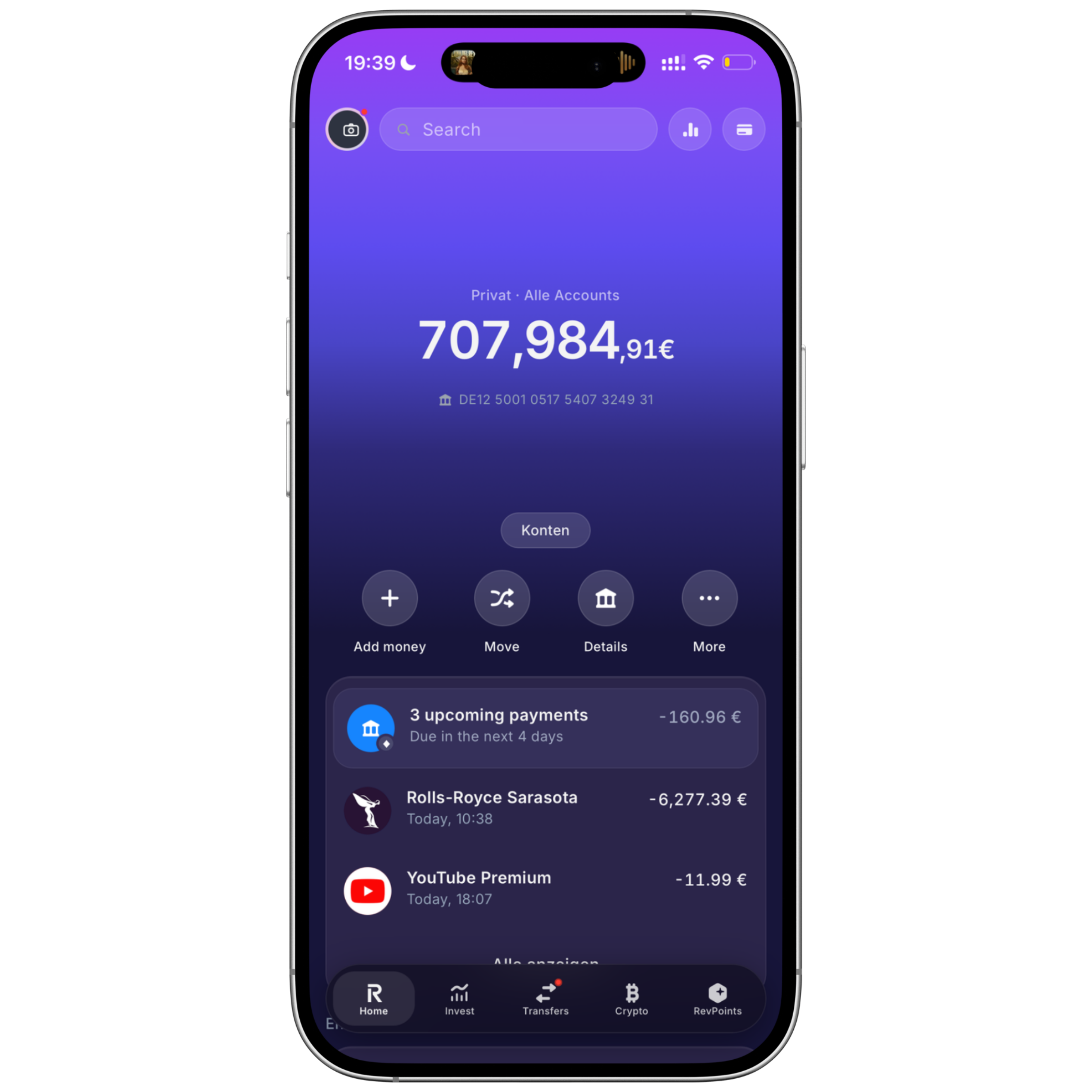LARPZ home screen with a high balance and luxury transactions